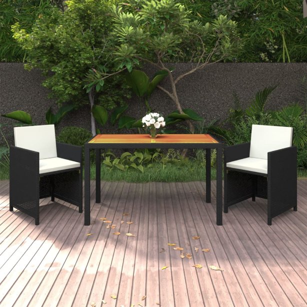vidaXL 3-tlg. Garten-Essgruppe mit Kissen Poly Rattan Schwarz