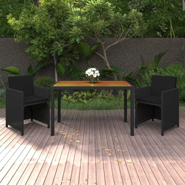 vidaXL 3-tlg. Garten-Essgruppe mit Kissen Poly Rattan Schwarz
