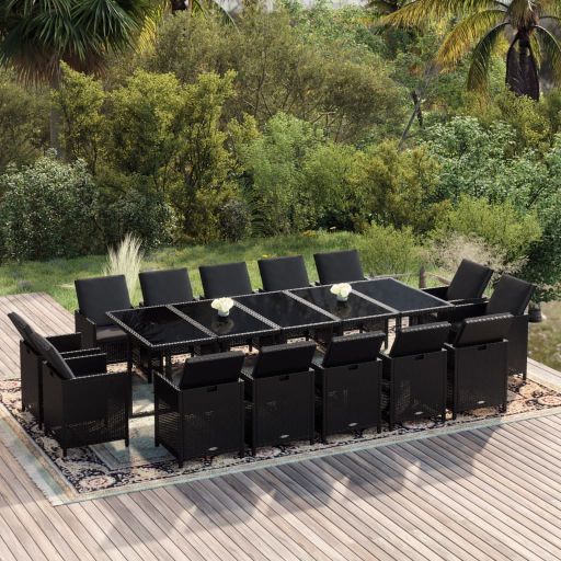 vidaXL 11-tlg. Garten-Essgruppe mit Kissen Poly Rattan Schwarz