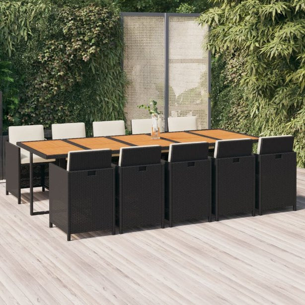 vidaXL 11-tlg. Garten-Essgruppe mit Kissen Poly Rattan Schwarz