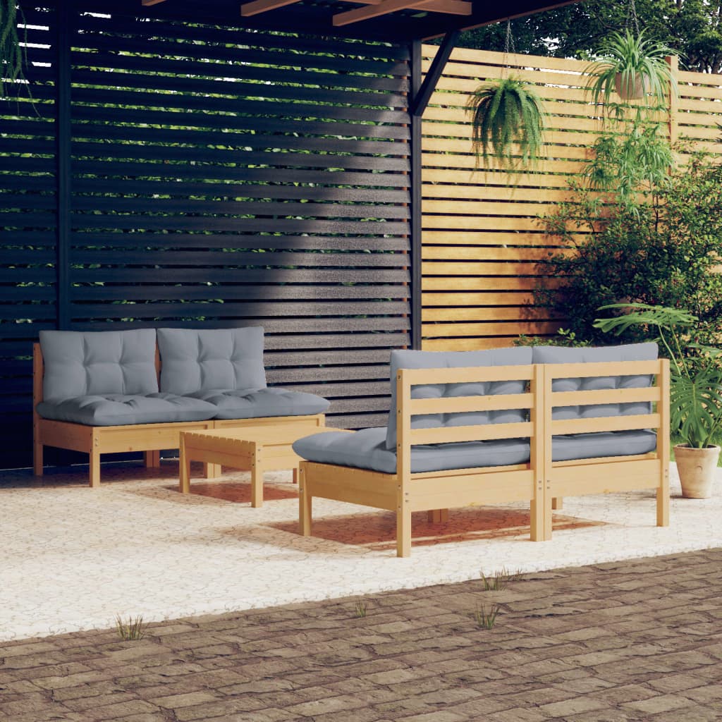vidaXL 5-tlg. Garten-Lounge-Set mit Grauen Kissen Kiefernholz