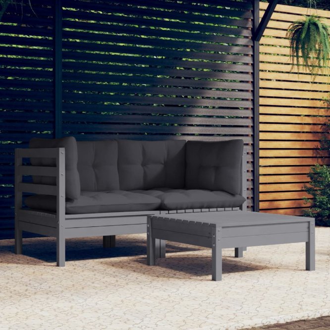vidaXL 3-tlg. Garten-Lounge-Set mit Grauen Kissen Kiefernholz