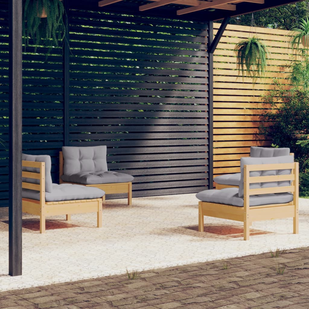 vidaXL 4-tlg. Garten-Lounge-Set mit Grauen Kissen Kiefernholz