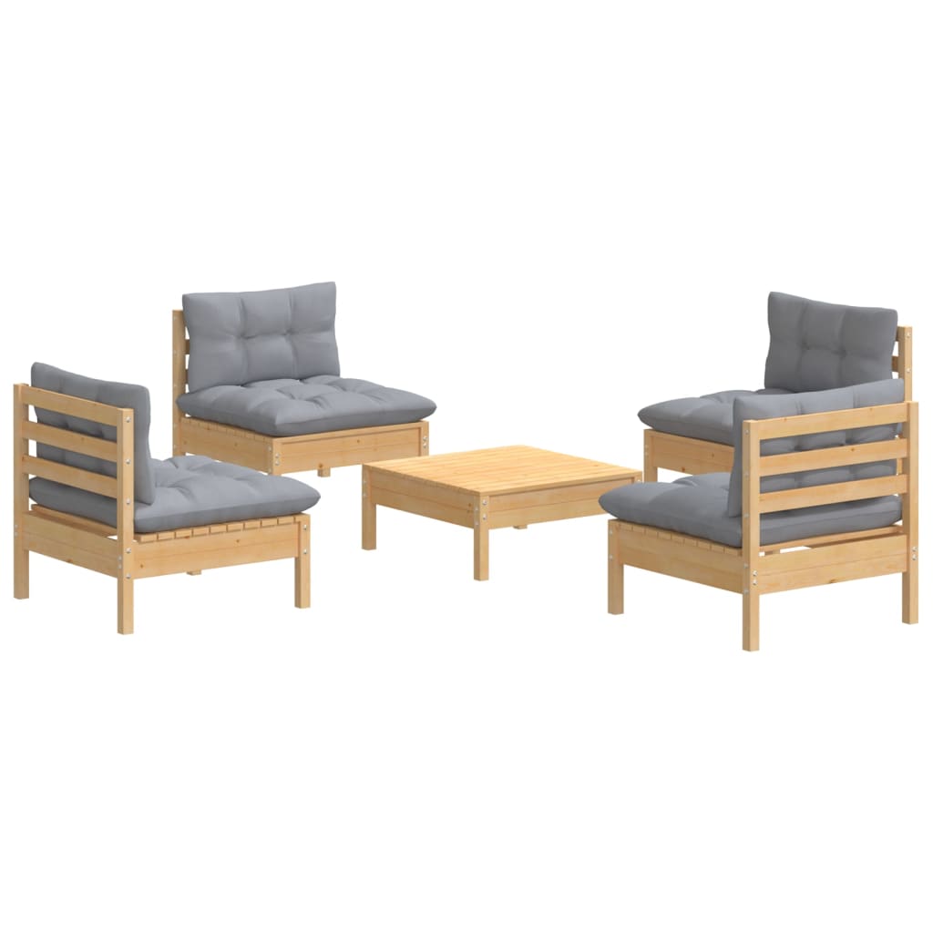 vidaXL 5-tlg. Garten-Lounge-Set mit Grauen Kissen Kiefernholz