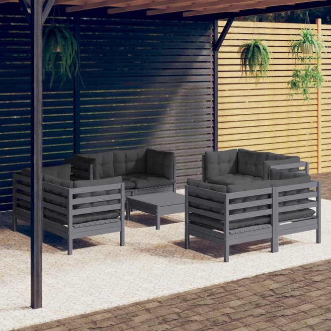 vidaXL 9-tlg. Garten-Lounge-Set mit Grauen Kissen Kiefernholz