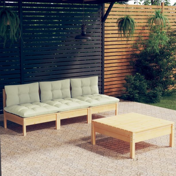 vidaXL 4-tlg. Garten-Lounge-Set mit Grauen Kissen Kiefernholz
