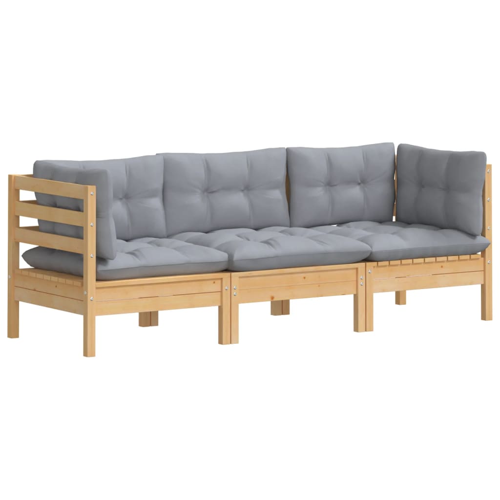 vidaXL 3-Sitzer-Gartensofa mit Grauen Kissen Massivholz Kiefer
