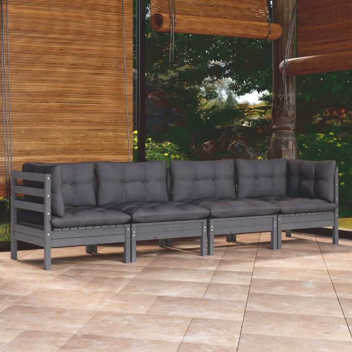 vidaXL 4-tlg. Garten-Lounge-Set mit Grauen Kissen Kiefer Massivholz