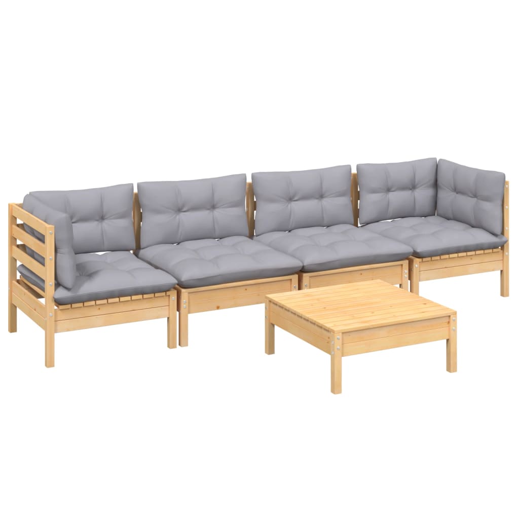 vidaXL 5-tlg. Garten-Lounge-Set mit Grauen Kissen Kiefer Massivholz