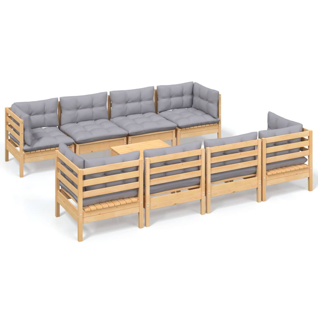 vidaXL 9-tlg. Garten-Lounge-Set mit Grauen Kissen Kiefer Massivholz