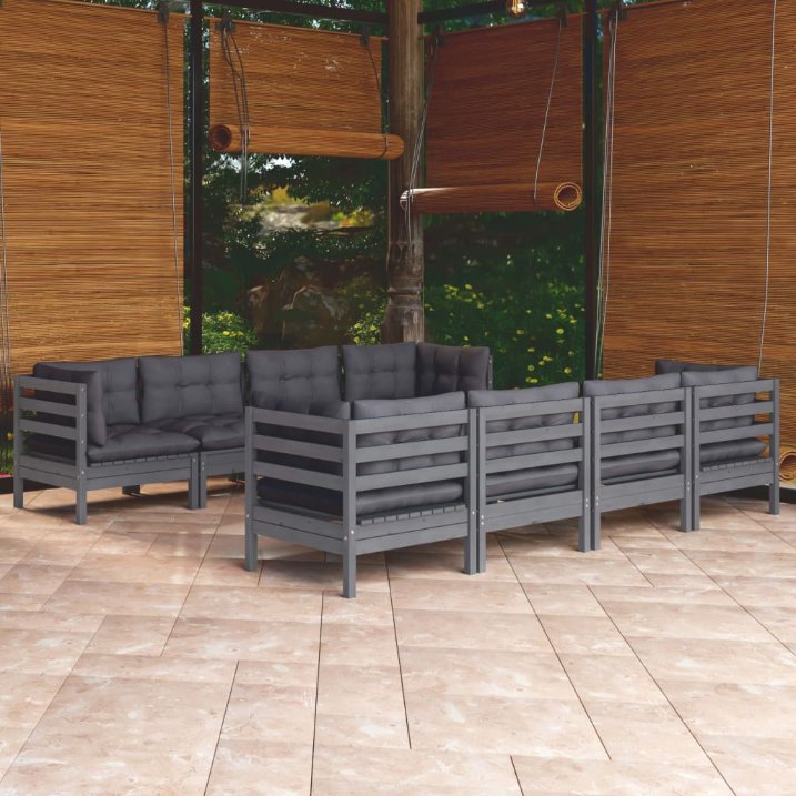 vidaXL 9-tlg. Garten-Lounge-Set mit Grauen Kissen Kiefer Massivholz