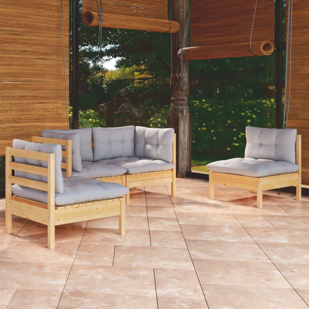 vidaXL 4-tlg. Garten-Lounge-Set mit Grauen Kissen Kiefer Massivholz