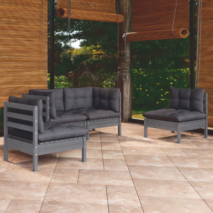 vidaXL 4-tlg. Garten-Lounge-Set mit Grauen Kissen Kiefer Massivholz
