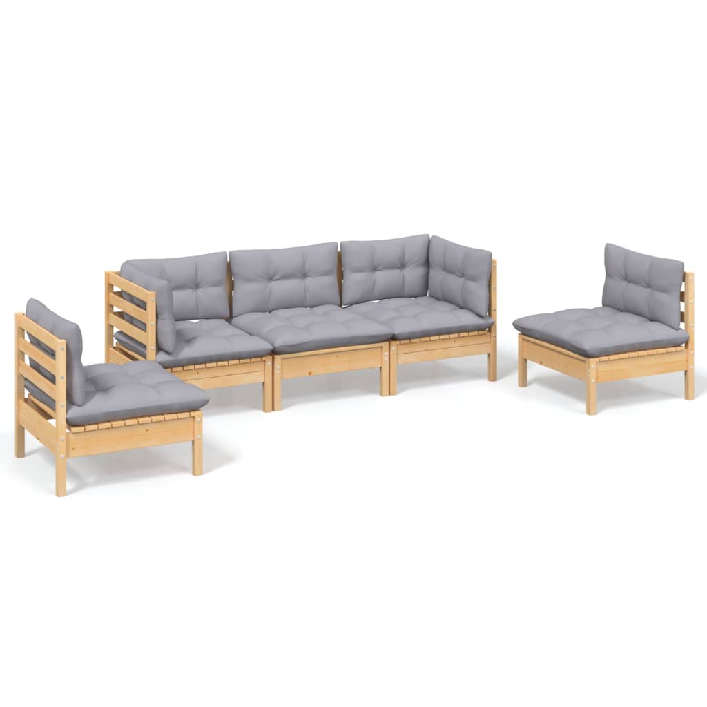 vidaXL 5-tlg. Garten-Lounge-Set mit Grauen Kissen Kiefer Massivholz