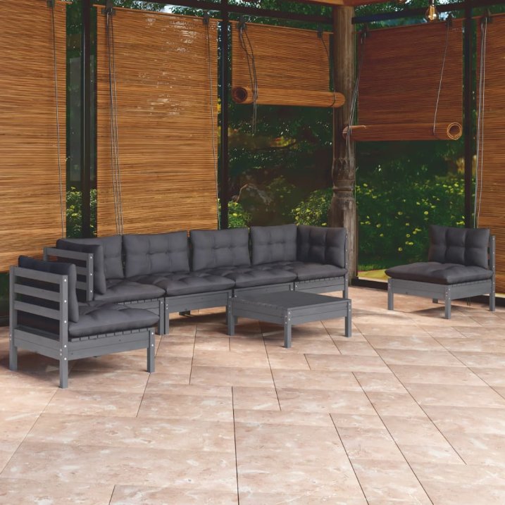 vidaXL 7-tlg. Garten-Lounge-Set mit Grauen Kissen Kiefer Massivholz