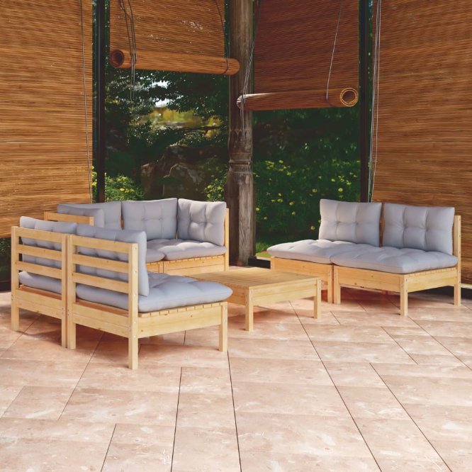vidaXL 7-tlg. Garten-Lounge-Set mit Grauen Kissen Kiefer Massivholz