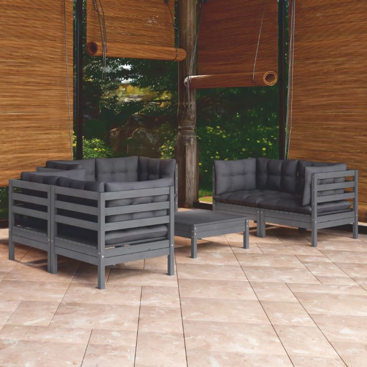 vidaXL 7-tlg. Garten-Lounge-Set mit Grauen Kissen Kiefer Massivholz