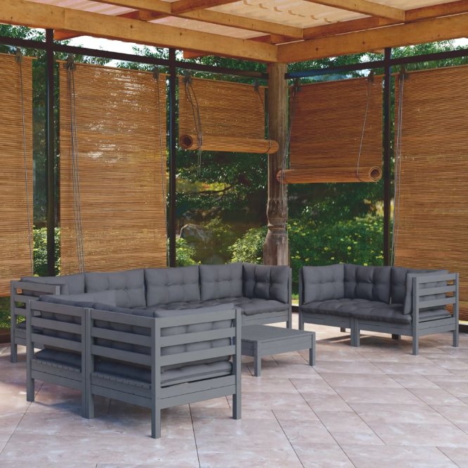 vidaXL 9-tlg. Garten-Lounge-Set mit Grauen Kissen Kiefer Massivholz