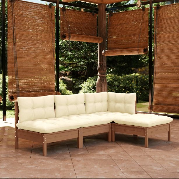 vidaXL 4-tlg. Garten-Lounge-Set mit Grauen Kissen Kiefernholz