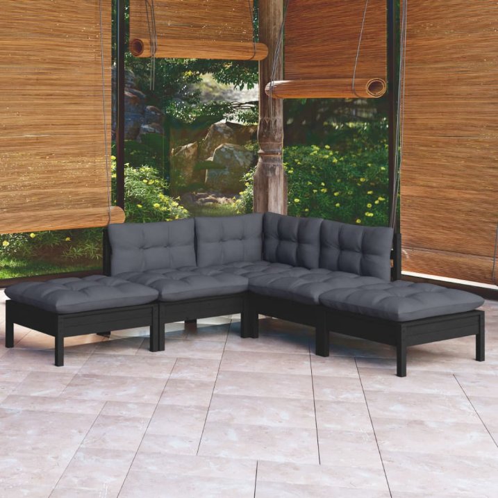 vidaXL 5-tlg. Garten-Lounge-Set mit Grauen Kissen Kiefernholz