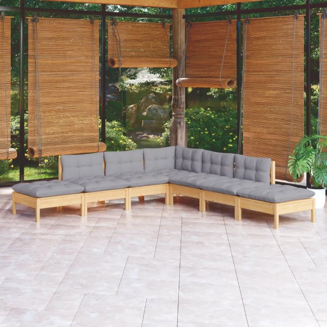 vidaXL 7-tlg. Garten-Lounge-Set mit Grauen Kissen Kiefernholz