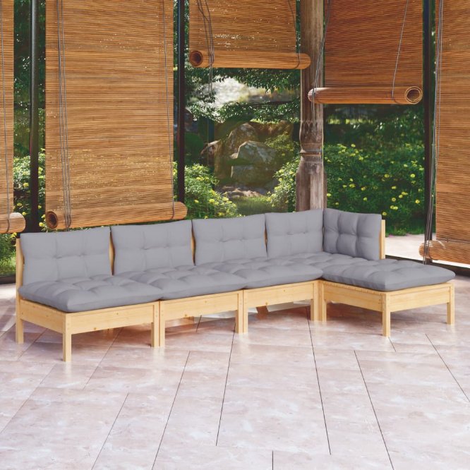 vidaXL 5-tlg. Garten-Lounge-Set mit Grauen Kissen Kiefernholz