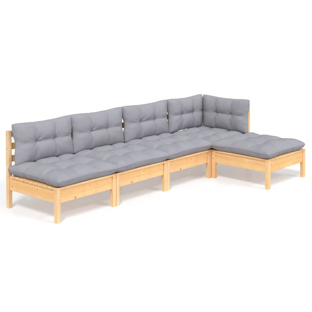 vidaXL 5-tlg. Garten-Lounge-Set mit Grauen Kissen Kiefernholz