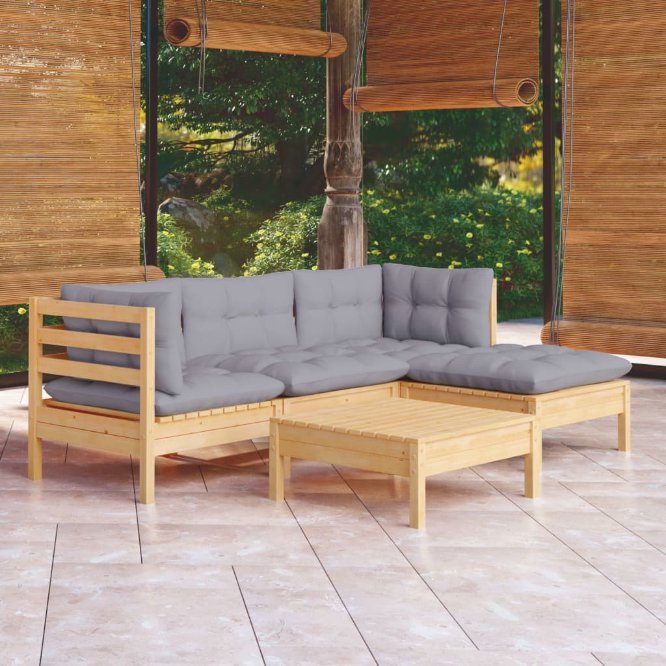 vidaXL 5-tlg. Garten-Lounge-Set mit Grauen Kissen Kiefernholz