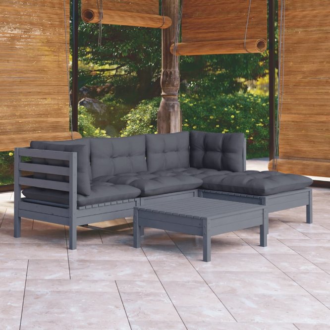 vidaXL 5-tlg. Garten-Lounge-Set mit Grauen Kissen Kiefernholz