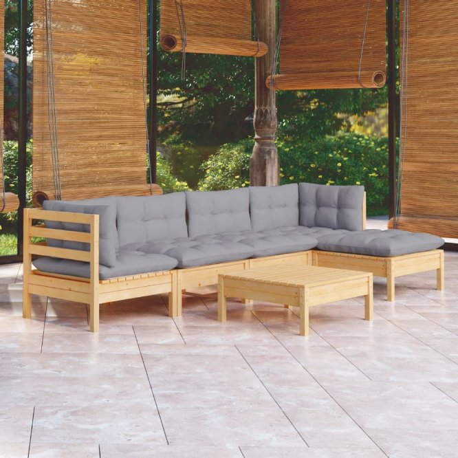 vidaXL 6-tlg. Garten-Lounge-Set mit Grauen Kissen Kiefernholz