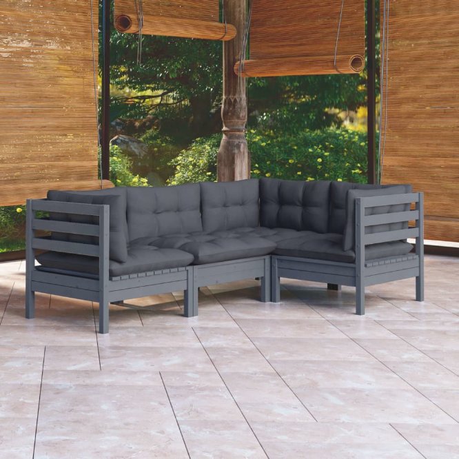 vidaXL 4-tlg. Garten-Lounge-Set mit Grauen Kissen Kiefernholz