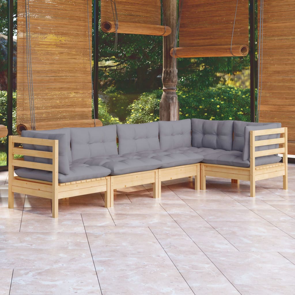 vidaXL 5-tlg. Garten-Lounge-Set mit Grauen Kissen Kiefernholz