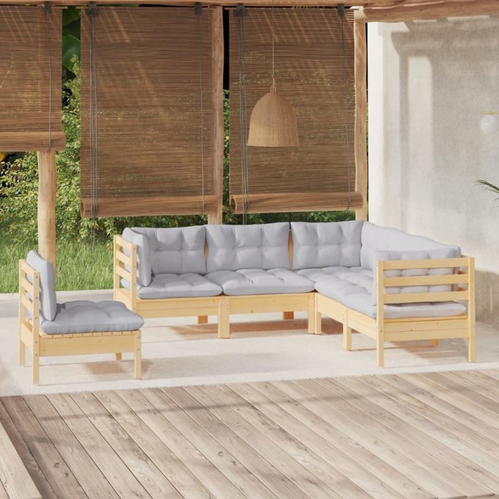 vidaXL 5-tlg. Garten-Lounge-Set mit Grauen Kissen Kiefernholz