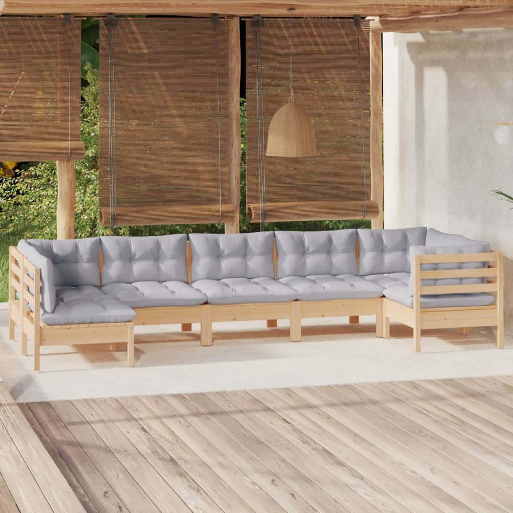 vidaXL 7-tlg. Garten-Lounge-Set mit Grauen Kissen Kiefernholz