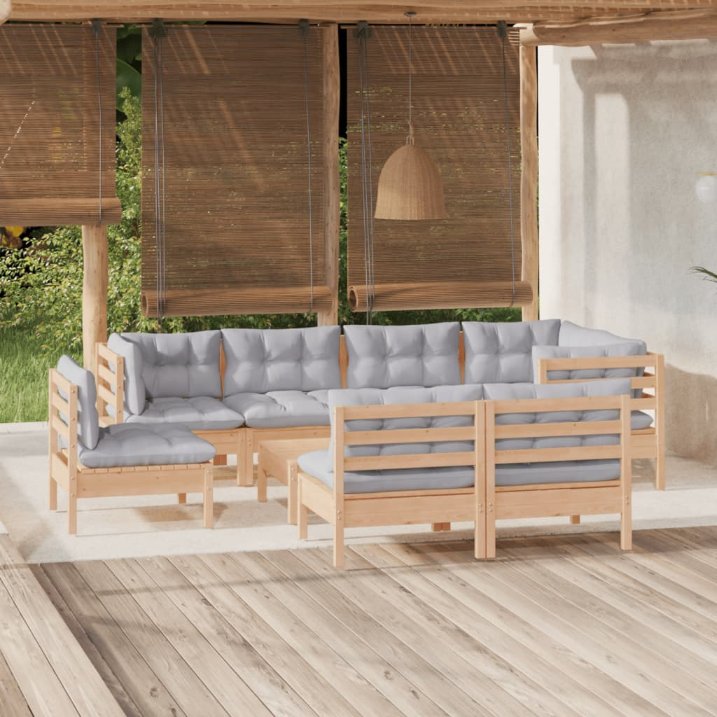 vidaXL 9-tlg. Garten-Lounge-Set mit Grauen Kissen Kiefer Massivholz