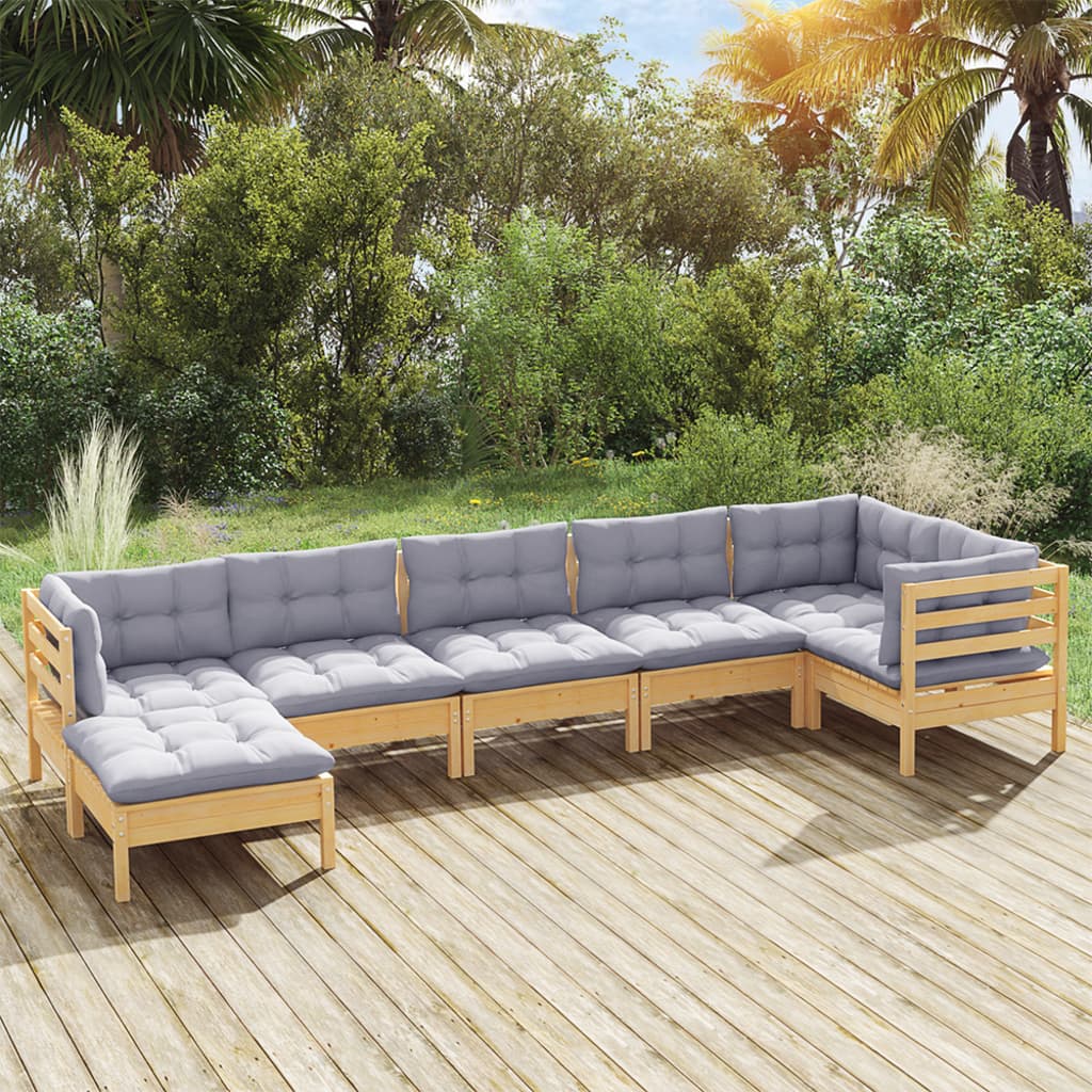 vidaXL 7-tlg. Garten-Lounge-Set mit Grauen Kissen Kiefer Massivholz