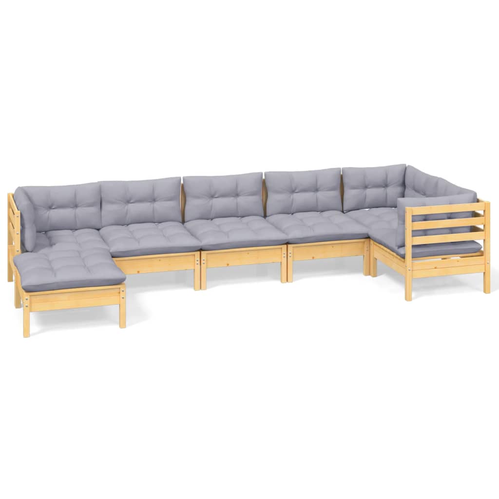 vidaXL 7-tlg. Garten-Lounge-Set mit Grauen Kissen Kiefer Massivholz