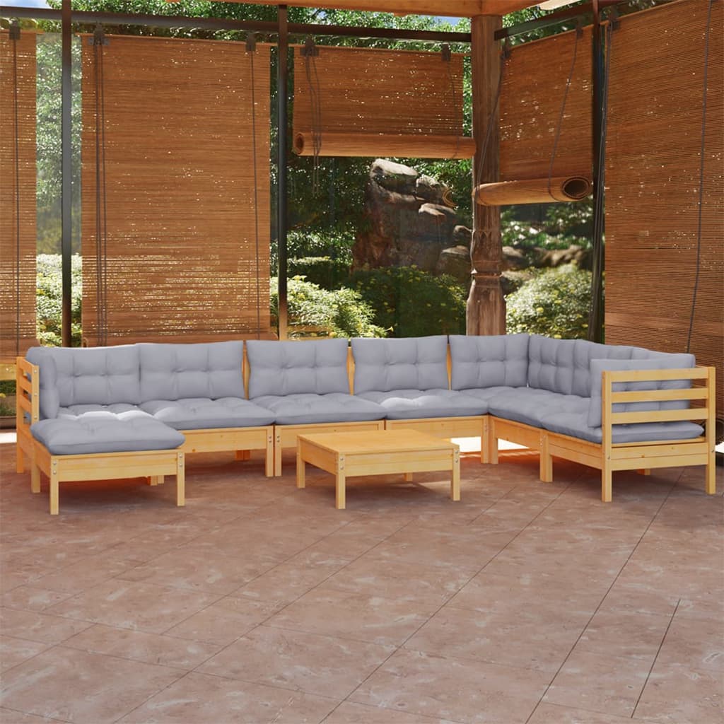 vidaXL 9-tlg. Garten-Lounge-Set mit Grauen Kissen Kiefer Massivholz