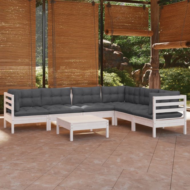 vidaXL 7-tlg. Garten-Lounge-Set mit Grauen Kissen Kiefer Massivholz