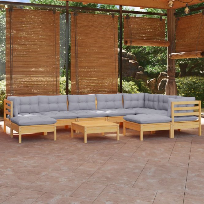 vidaXL 10-tlg. Garten-Lounge-Set mit Grauen Kissen Kiefer Massivholz