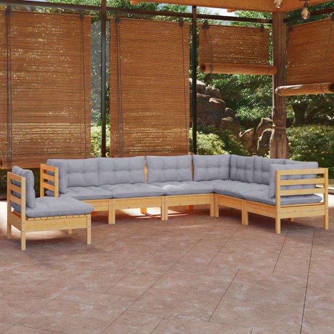 vidaXL 7-tlg. Garten-Lounge-Set mit Grauen Kissen Kiefer Massivholz