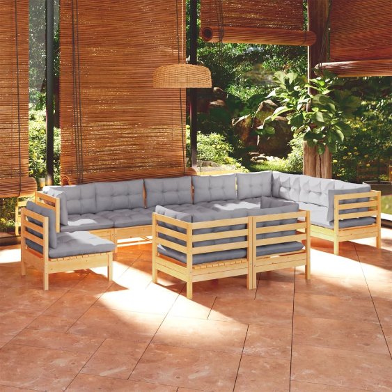 vidaXL 10-tlg. Garten-Lounge-Set mit Grauen Kissen Kiefer Massivholz