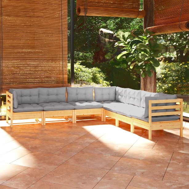 vidaXL 7-tlg. Garten-Lounge-Set mit Grauen Kissen Kiefer Massivholz