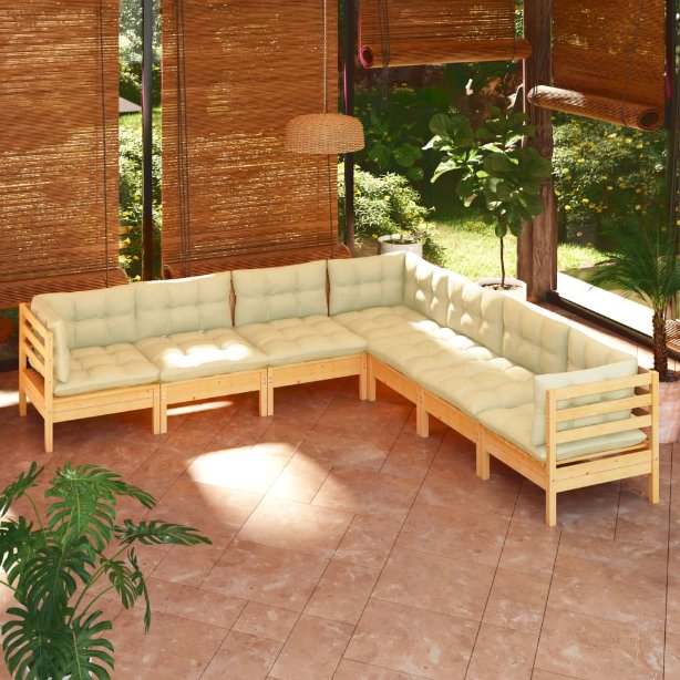 vidaXL 7-tlg. Garten-Lounge-Set mit Grauen Kissen Kiefer Massivholz