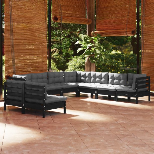 vidaXL 9-tlg. Garten-Lounge-Set mit Grauen Kissen Massivholz Kiefer