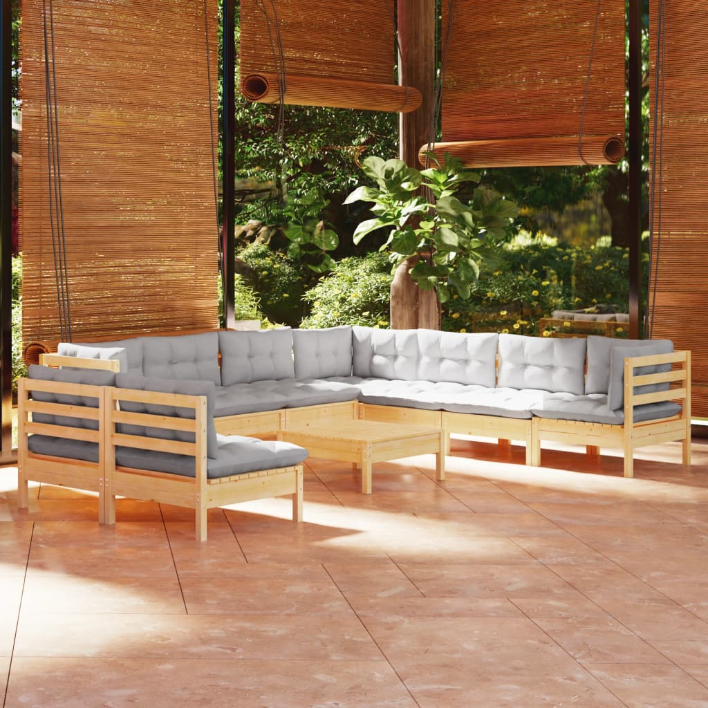 vidaXL 10-tlg. Garten-Lounge-Set mit Grauen Kissen Massivholz Kiefer