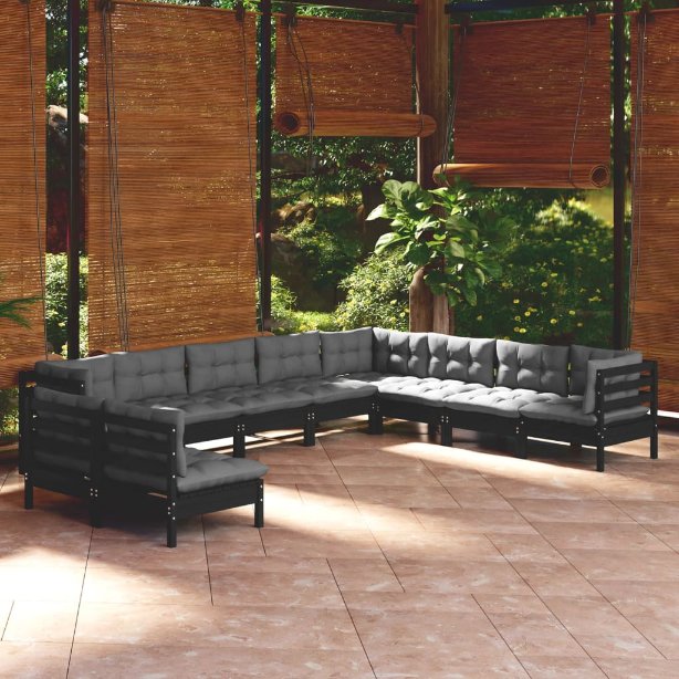 vidaXL 10-tlg. Garten-Lounge-Set mit Grauen Kissen Massivholz Kiefer