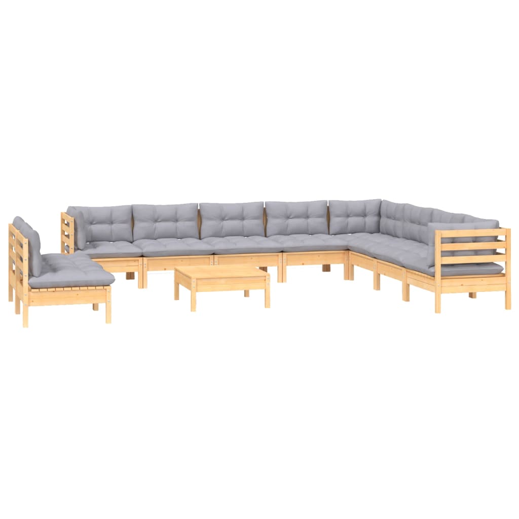 vidaXL 11-tlg. Garten-Lounge-Set mit Grauen Kissen Massivholz Kiefer
