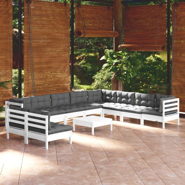 vidaXL 11-tlg. Garten-Lounge-Set mit Grauen Kissen Massivholz Kiefer