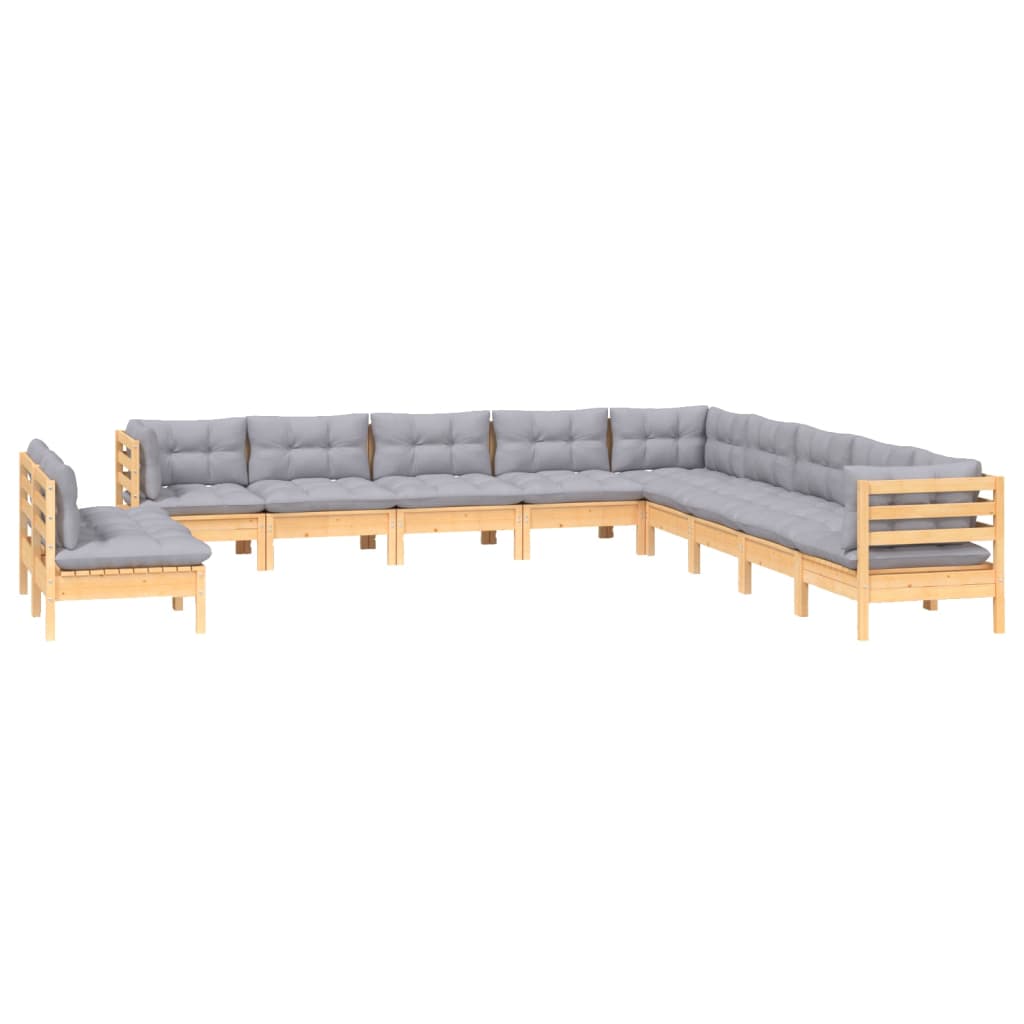 vidaXL 11-tlg. Garten-Lounge-Set mit Grauen Kissen Massivholz Kiefer